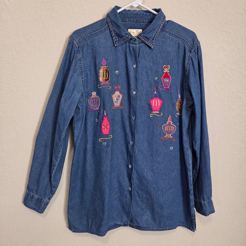 Bobbie Brooks Womens M Denim Shirt Vintage 90s Embroidered Cotton Embellished